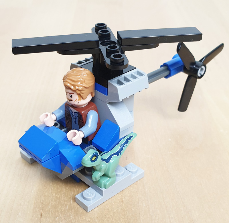 LEGO Owen Grady Minifigur, Hubschrauber und Baby Raptor