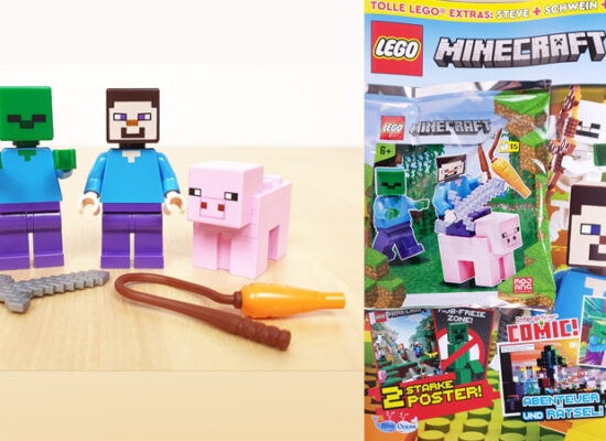 LEGO® Minecraft Magazin 1/2021 mit drei Minecraft-Figuren (Steve, Schwein und Zombie)