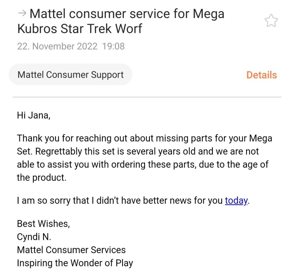 E-Mail vom Mattel-Kundendienst