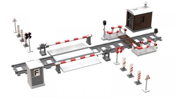 BlueBrixx 105053, der Bahnübergang mit Fußgängerübergang aufgebaut mit 6 geraden Schienen