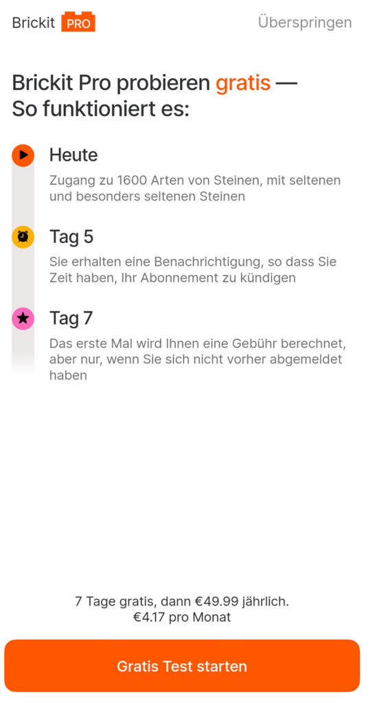 Brickit App Test Testzeitraum und kostenpflichtiges Abo