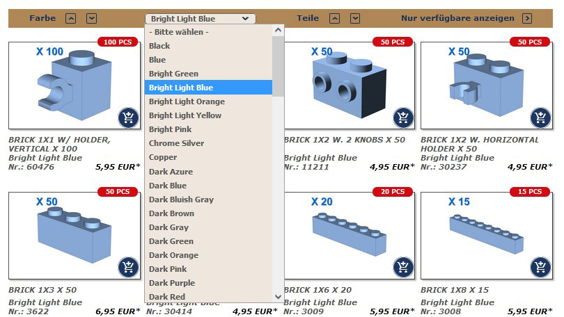 BlueBrixx FAQ Einzelteile Dropdown Menü