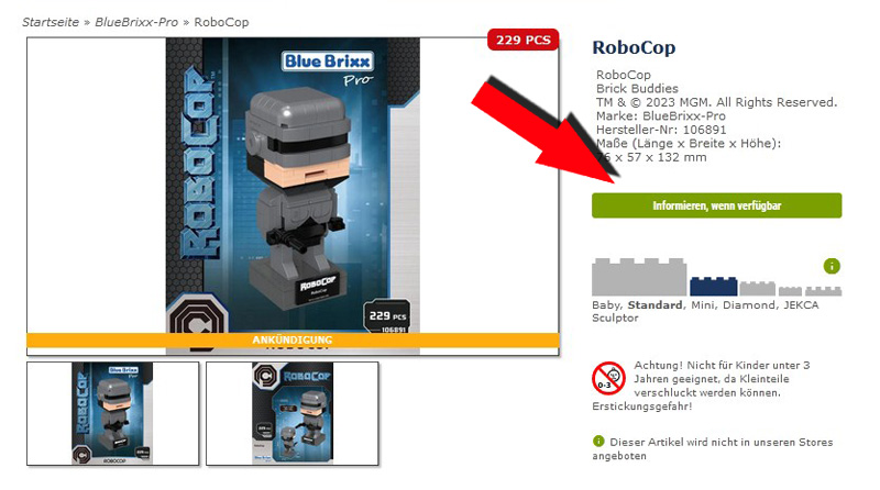 BlueBrixx RoboCop Stargate Verfügbarkeit Benachrichtigung