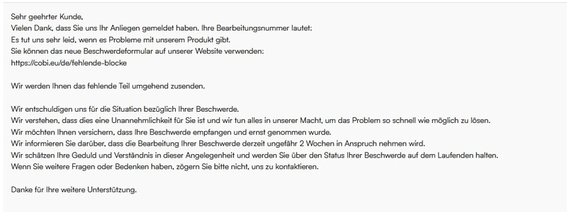 COBI FAQ Fehlteile Kundenservice Formular