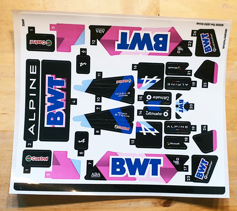 COBI 1684 LEGO 77248 Formel 1 BWT Vergleich Aufkleberbogen