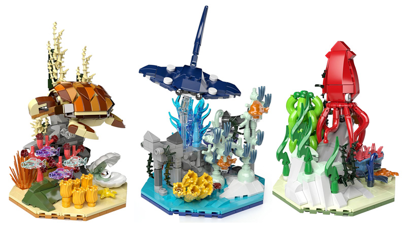 Mould King Meeresdioramen 10172 Schildkröte; 10173 Rochen; 10174 Tintenfisch
