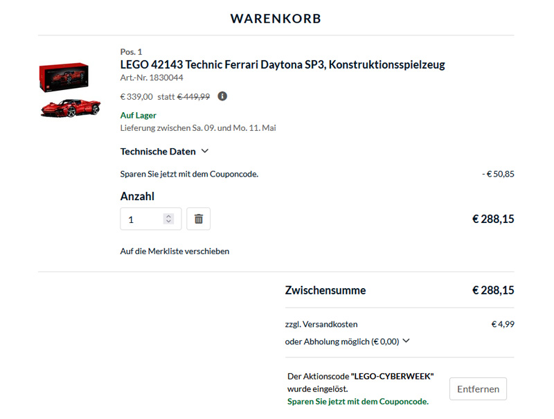 Alternate Cyber Weeks LEGO Sale Rechenbeispiel