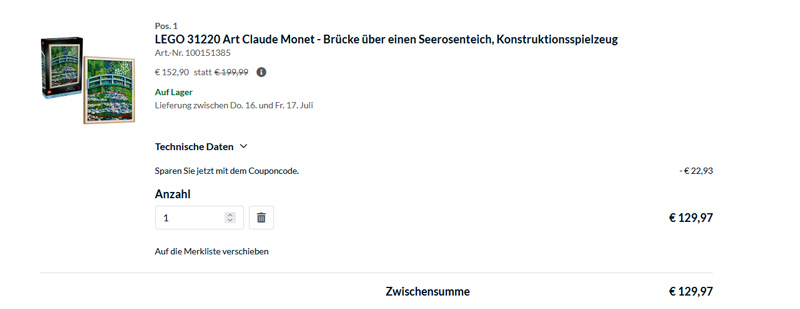 LEGO Alternate Sale Rechenbeispiel