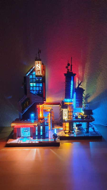 Lumibricks Cyberpunk Neon Tech Tower 17011 Tech Station 17010 Licht